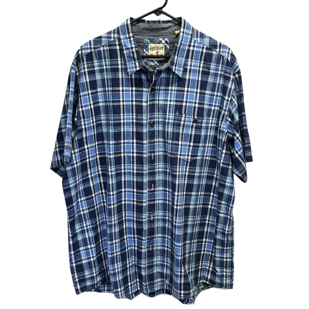 Red Head Blue Mens Plaid‎ Cotton Button-Up Short Sleeve Shirt 2XL